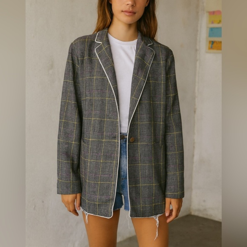 Sister Jane Plaid Blazer Jacket Women’s Medium‎ Grey Contrast Trim Workwear